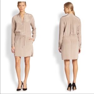 Vince. 100% Silk Mink Nude Color Drawstring Waist Long Sleeve Shirt Dress 8